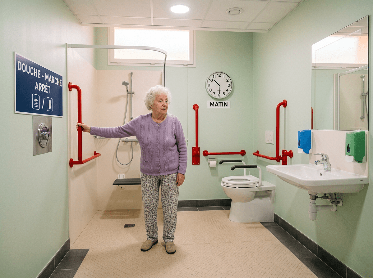 Elderly woman in accessible bathroom with red safety handrails and shower seat